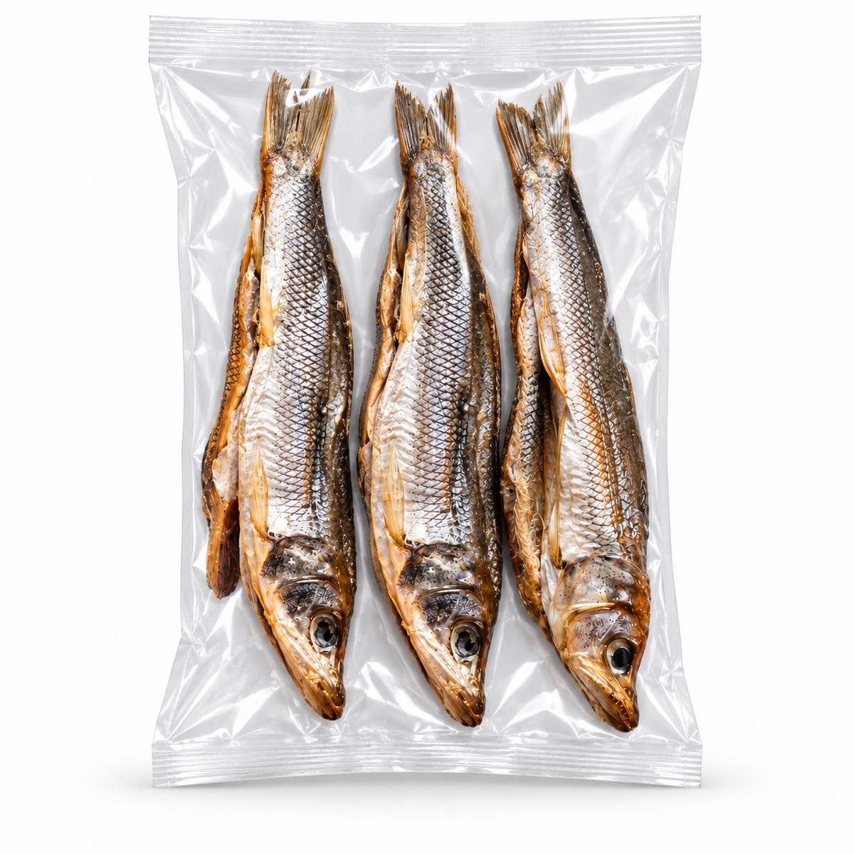 Three smoked herring in one clear sealed package